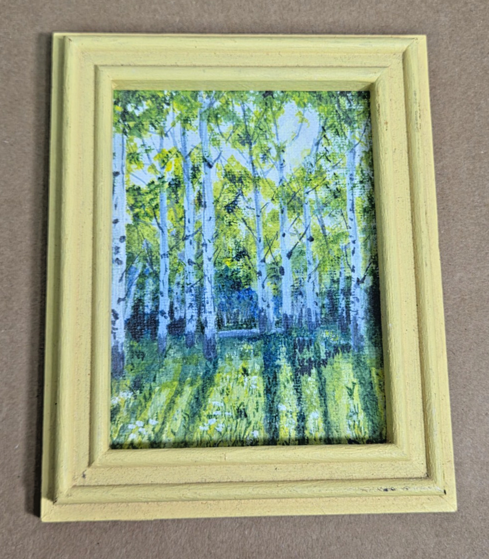 Vintage 1972 Birch Forest Miniature Painting Framed 70s Impressionist Aspen Art